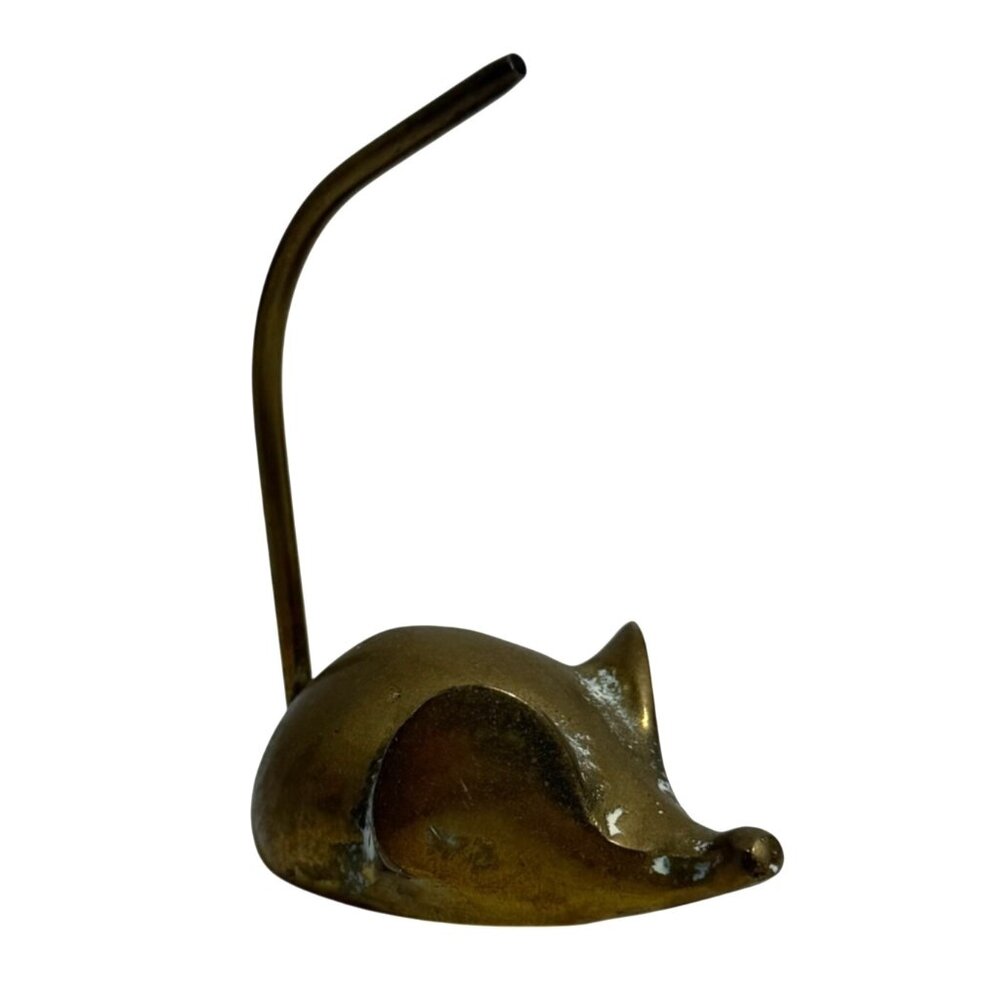 Vintage Brass Mouse Ring Holder Receipt Spike Memo Note Figurine Nice Patina
